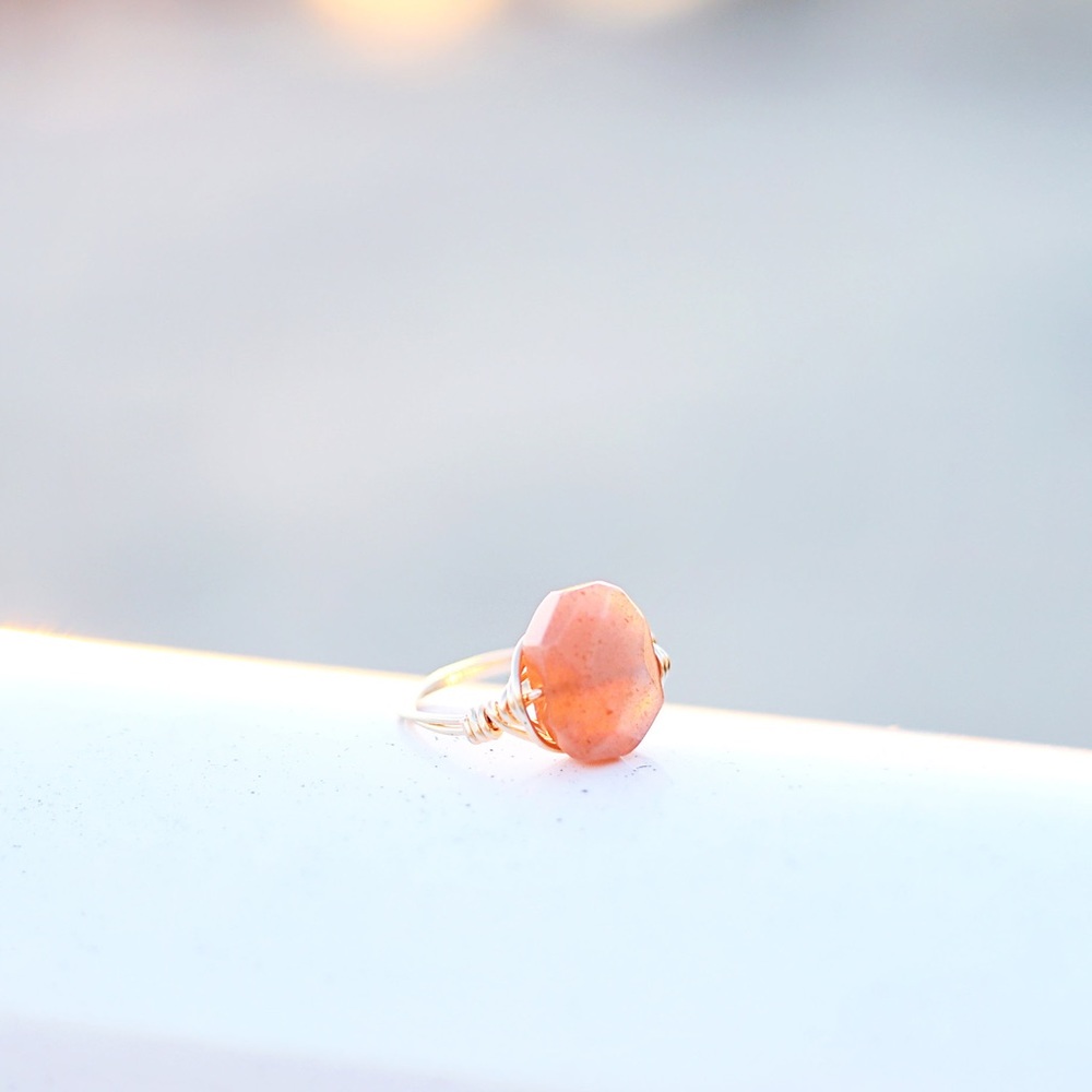 Hexagon Peach Moonstone Wire Wrap Ring (J10)